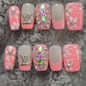 Designee Inspired Pink Floral Rhinestone Press-On Nail Set